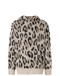 hellbeige Pullover mit einem Kapuze mit Leopardenmuster
