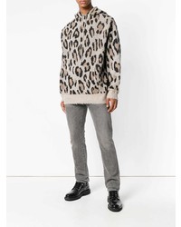 hellbeige Pullover mit einem Kapuze mit Leopardenmuster von R13