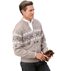 hellbeige Pullover mit einem Reißverschluß mit Norwegermuster von Classic