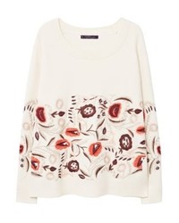 hellbeige Pullover mit einem Rundhalsausschnitt mit Blumenmuster von Mango