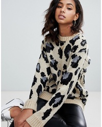hellbeige Pullover mit einem Rundhalsausschnitt mit Leopardenmuster von PrettyLittleThing