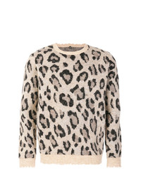 hellbeige Pullover mit einem Rundhalsausschnitt mit Leopardenmuster von R13
