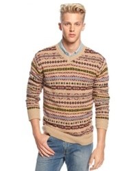 hellbeige Pullover mit einem V-Ausschnitt mit Fair Isle-Muster