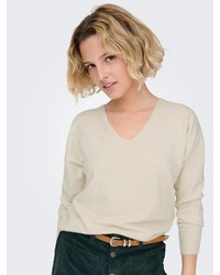 hellbeige Pullover mit einem V-Ausschnitt von Only