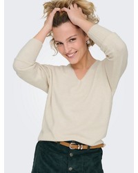 hellbeige Pullover mit einem V-Ausschnitt von Only
