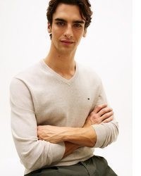 hellbeige Pullover mit einem V-Ausschnitt von Tommy Hilfiger