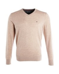 hellbeige Pullover mit einem V-Ausschnitt von Tommy Hilfiger