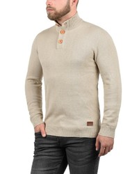 hellbeige Pullover mit einem zugeknöpften Kragen von BLEND