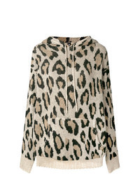 hellbeige Pullover mit einer Kapuze mit Leopardenmuster