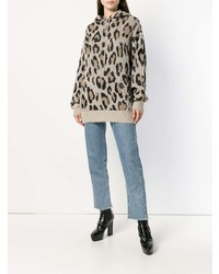 hellbeige Pullover mit einer Kapuze mit Leopardenmuster von R13