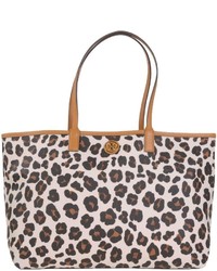 hellbeige Satchel-Tasche aus Leder mit Leopardenmuster