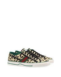 hellbeige Segeltuch niedrige Sneakers mit Leopardenmuster von Gucci