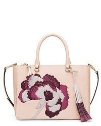hellbeige Shopper Tasche aus Leder mit Blumenmuster