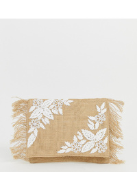 hellbeige Stroh Clutch mit Blumenmuster