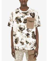 hellbeige T-Shirt mit einem Rundhalsausschnitt mit Blumenmuster von Dolce & Gabbana