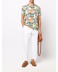 hellbeige T-Shirt mit einem Rundhalsausschnitt mit Blumenmuster von Etro