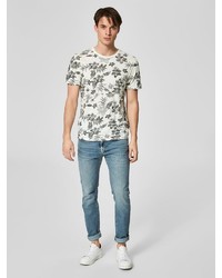 hellbeige T-Shirt mit einem Rundhalsausschnitt mit Blumenmuster von Selected Homme