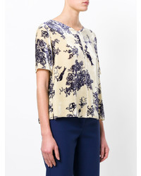 hellbeige T-Shirt mit einem V-Ausschnitt mit Blumenmuster von Forte Forte