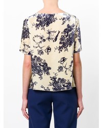 hellbeige T-Shirt mit einem V-Ausschnitt mit Blumenmuster von Forte Forte