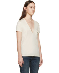hellbeige T-Shirt mit einem V-Ausschnitt von Saint Laurent