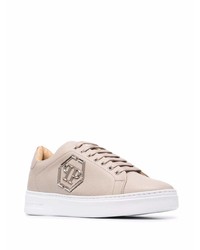 hellbeige verzierte Leder niedrige Sneakers von Philipp Plein