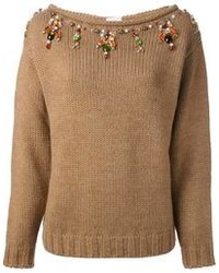 hellbeige verzierter Pullover mit einem Rundhalsausschnitt von Stella Jean