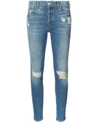 hellblaue enge Jeans aus Baumwolle mit Destroyed-Effekten von Mother