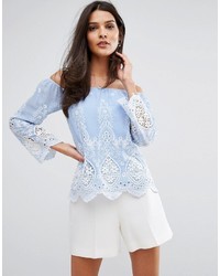 hellblaue bestickte Spitze Bluse