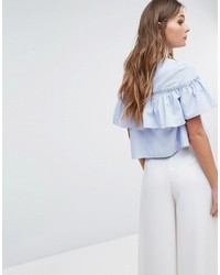 hellblaue Bluse mit Rüschen von Boohoo