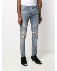 hellblaue enge Jeans mit Destroyed-Effekten von Balmain