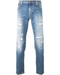 hellblaue enge Jeans mit Destroyed-Effekten von Nudie Jeans