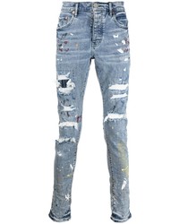 hellblaue enge Jeans mit Destroyed-Effekten von purple brand
