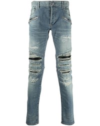 hellblaue enge Jeans mit Destroyed-Effekten von Balmain