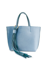 hellblaue Shopper Tasche aus Samt mit Fransen