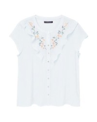 hellblaue Kurzarmbluse mit Blumenmuster von Mango