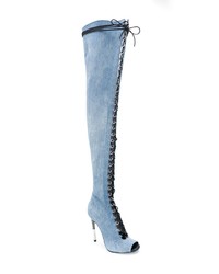 hellblaue Overknee Stiefel aus Jeans von Balmain