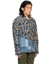hellblaue Tweed Shirtjacke mit Karomuster von Greg Lauren