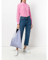 hellblaue vertikal gestreifte Shopper Tasche aus Segeltuch von MM6 MAISON MARGIELA