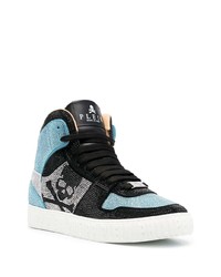 hellblaue verzierte hohe Sneakers aus Leder von Philipp Plein