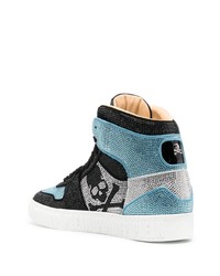 hellblaue verzierte hohe Sneakers aus Leder von Philipp Plein