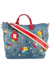 hellblaue verzierte Shopper Tasche aus Leder von Dolce & Gabbana
