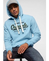 hellblauer bedruckter Pullover mit einem Kapuze von Jack & Jones