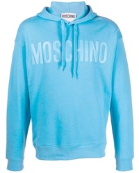 hellblauer bedruckter Pullover mit einem Kapuze von Moschino
