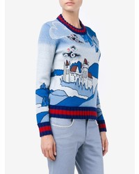 hellblauer bedruckter Pullover mit einem Rundhalsausschnitt von Gucci