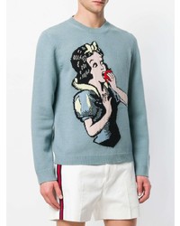 hellblauer bedruckter Pullover mit einem Rundhalsausschnitt von Gucci