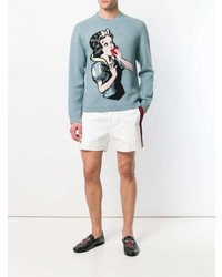 hellblauer bedruckter Pullover mit einem Rundhalsausschnitt von Gucci