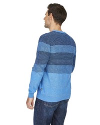 hellblauer horizontal gestreifter Pullover mit einem Rundhalsausschnitt von Hajo