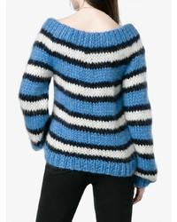 hellblauer horizontal gestreifter Pullover mit einem Rundhalsausschnitt von Ganni