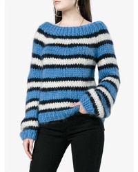 hellblauer horizontal gestreifter Pullover mit einem Rundhalsausschnitt von Ganni