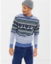 hellblauer Pullover mit einem Rundhalsausschnitt mit Weihnachten Muster